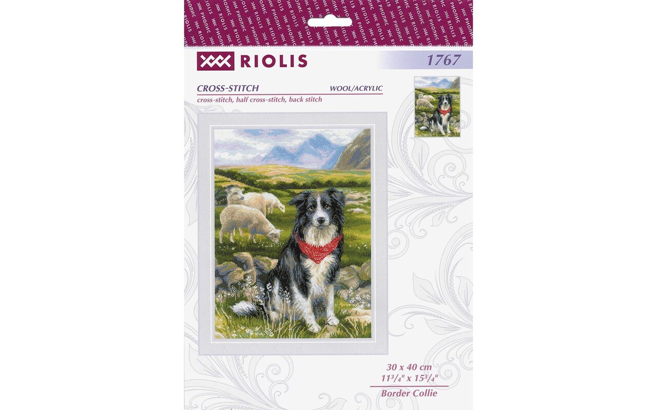 Riolis Cross Stitch Kit Border Collie, 11 3/4" x 15 3/4" (30 x 40 cm), stranded cotton, cross-stitch, half cross-stitch, back stitch and combined colors, included all supplies